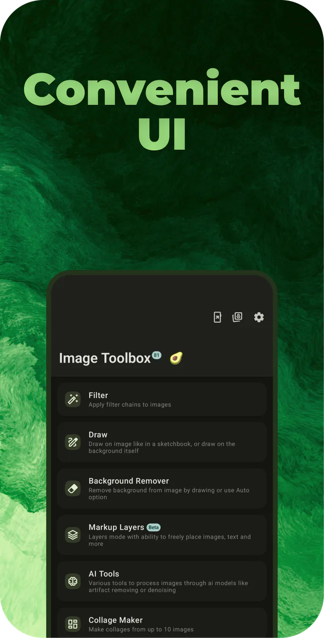 Official Image Toolbox promotional screenshot headed Convenient UI, showing Filter, Draw, Background Remover, Markup Layers, AI Tools, and Collage Maker