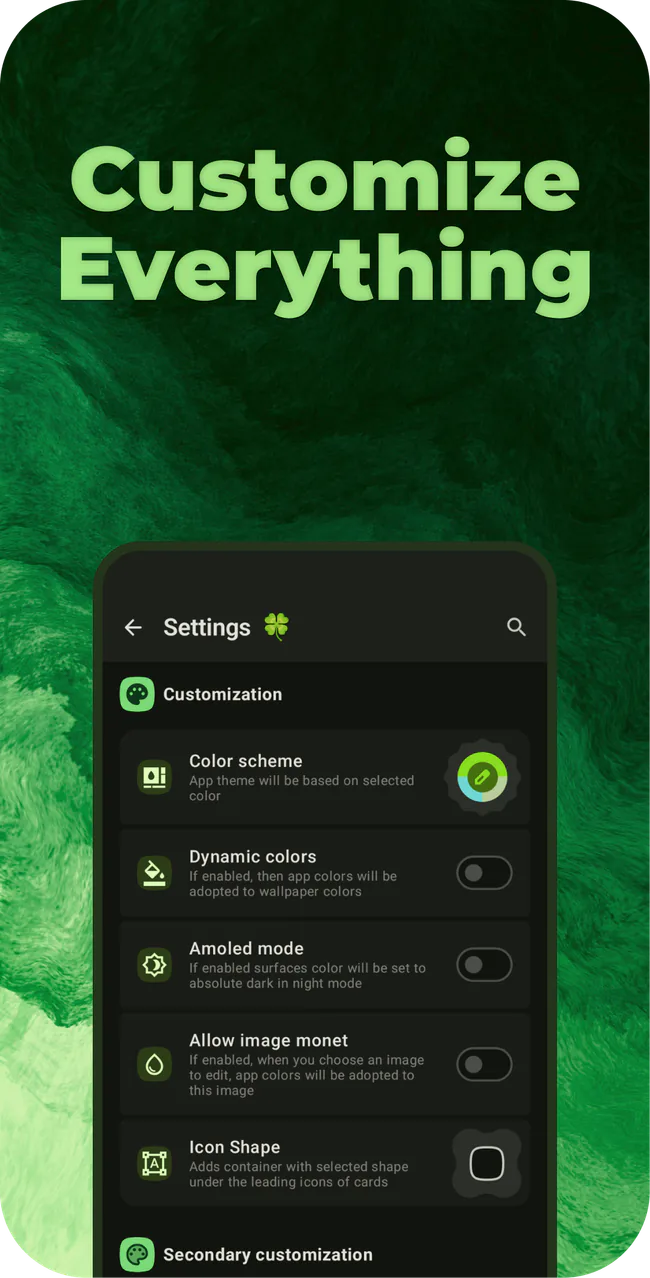 Official Image Toolbox promotional screenshot headed Customize Everything, showing color scheme, dynamic colors, AMOLED mode, image monet, and icon-shape settings