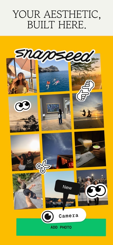 Official Snapseed screenshot showing a collage and the Add Photo camera control